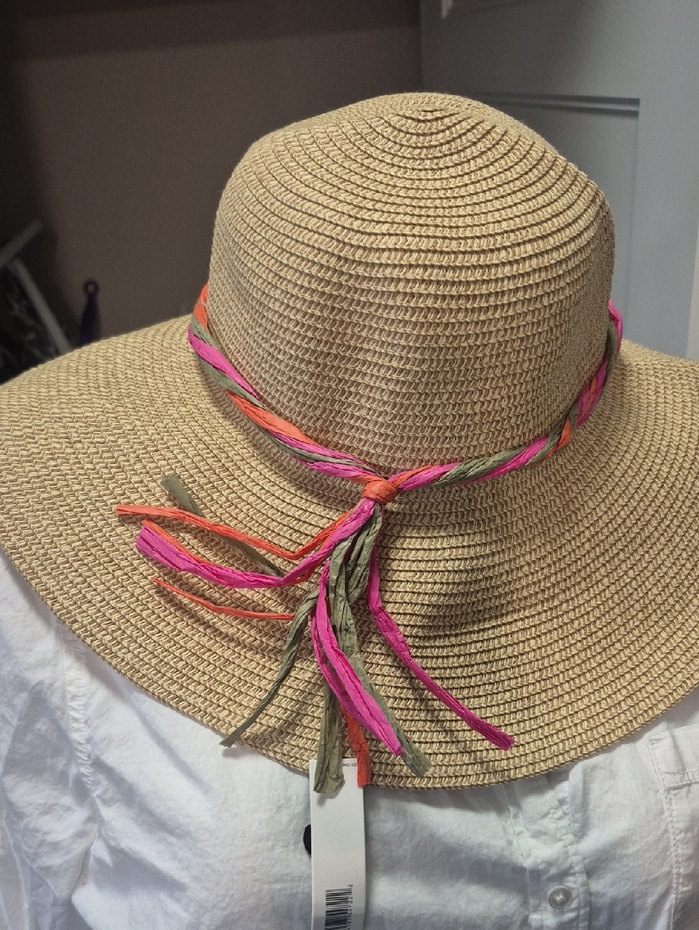 Tahari Tan Straw Sun Hat with Pink & Orange Braided Trim